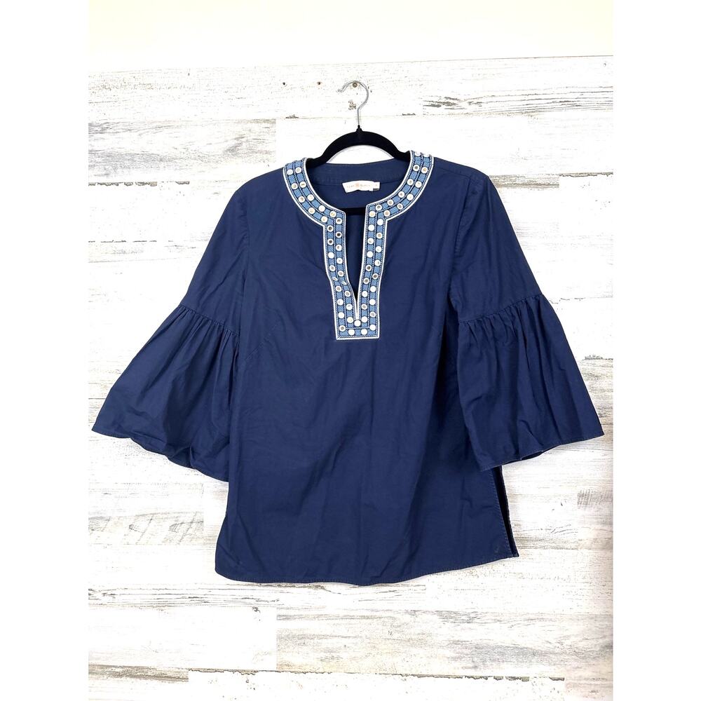 Tory Burch Womens 10 Navy Blue White Ariana Embroidered Bell Sleeve Tunic